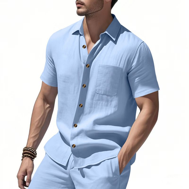 Clothes > Men's Clothing > Tops > T-Shirts Men Woven Short Sleeve Shirt Solid Big Size Business Casual