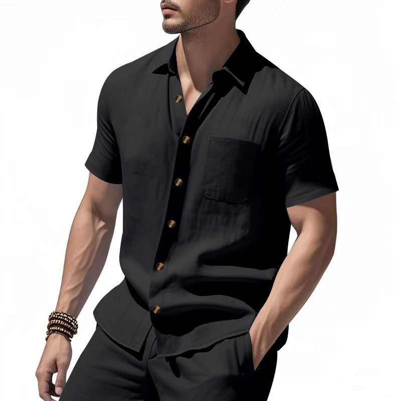 Clothes > Men's Clothing > Tops > T-Shirts Men Woven Short Sleeve Shirt Solid Big Size Business Casual