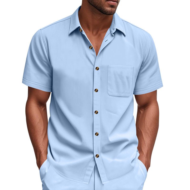 Clothes > Men's Clothing > Tops > T-Shirts Men Woven Short Sleeve Shirt Solid Big Size Business Casual