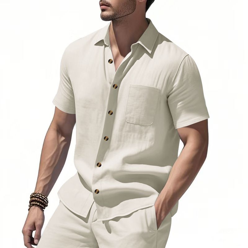 Clothes > Men's Clothing > Tops > T-Shirts Men Woven Short Sleeve Shirt Solid Big Size Business Casual