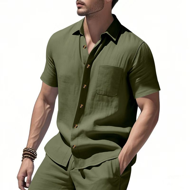 Clothes > Men's Clothing > Tops > T-Shirts Men Woven Short Sleeve Shirt Solid Big Size Business Casual
