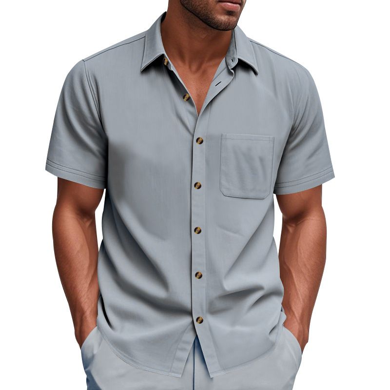 Clothes > Men's Clothing > Tops > T-Shirts Men Woven Short Sleeve Shirt Solid Big Size Business Casual