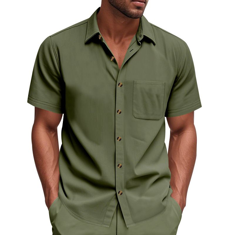 Clothes > Men's Clothing > Tops > T-Shirts Men Woven Short Sleeve Shirt Solid Big Size Business Casual