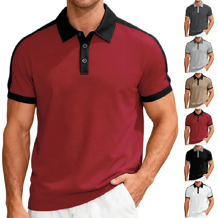 Clothes > Men's Clothing > Tops > T-Shirts  European and American summer casual sports loose color-blocked cotton small twill men's short-sleeved lapel Polo shirt