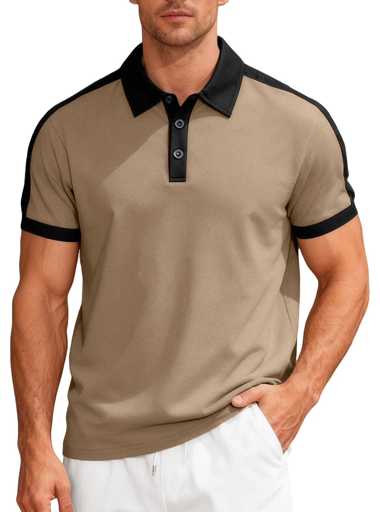 Clothes > Men's Clothing > Tops > T-Shirts  European and American summer casual sports loose color-blocked cotton small twill men's short-sleeved lapel Polo shirt