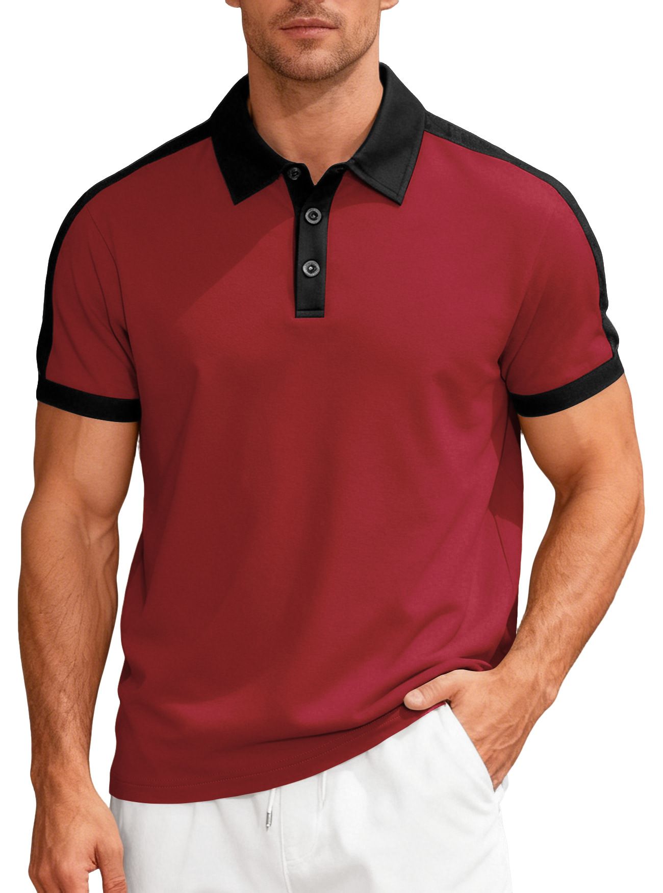 Clothes > Men's Clothing > Tops > T-Shirts  European and American summer casual sports loose color-blocked cotton small twill men's short-sleeved lapel Polo shirt