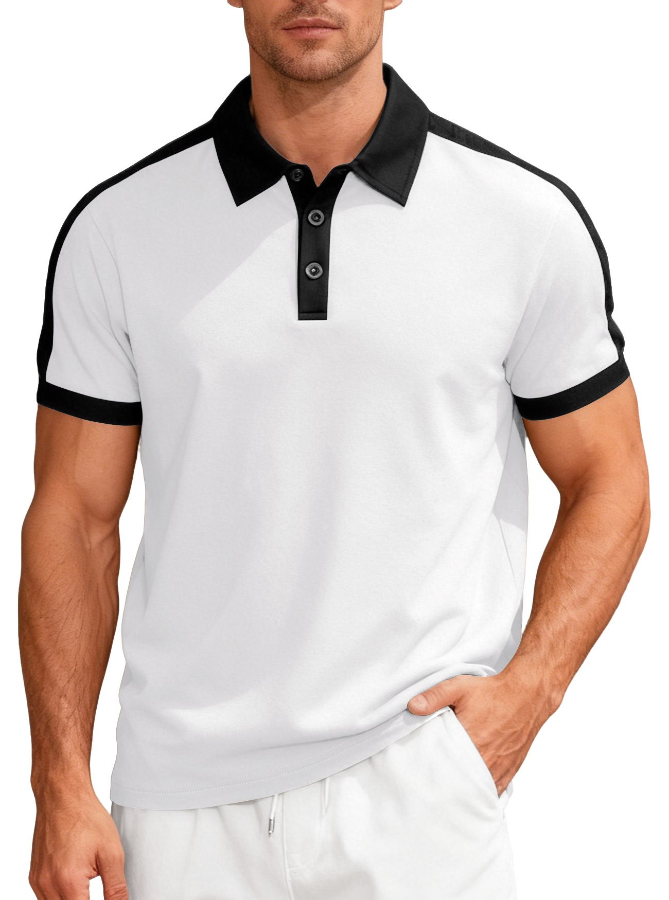 Clothes > Men's Clothing > Tops > T-Shirts  European and American summer casual sports loose color-blocked cotton small twill men's short-sleeved lapel Polo shirt