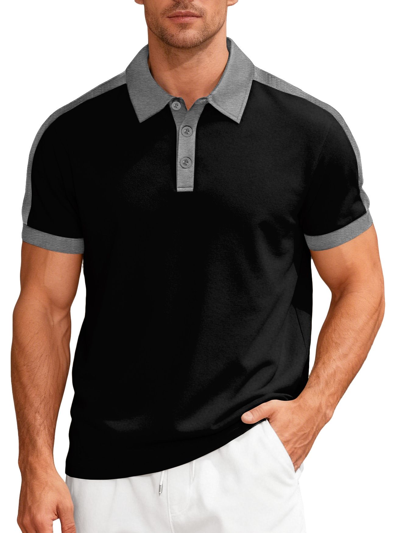 Clothes > Men's Clothing > Tops > T-Shirts  European and American summer casual sports loose color-blocked cotton small twill men's short-sleeved lapel Polo shirt