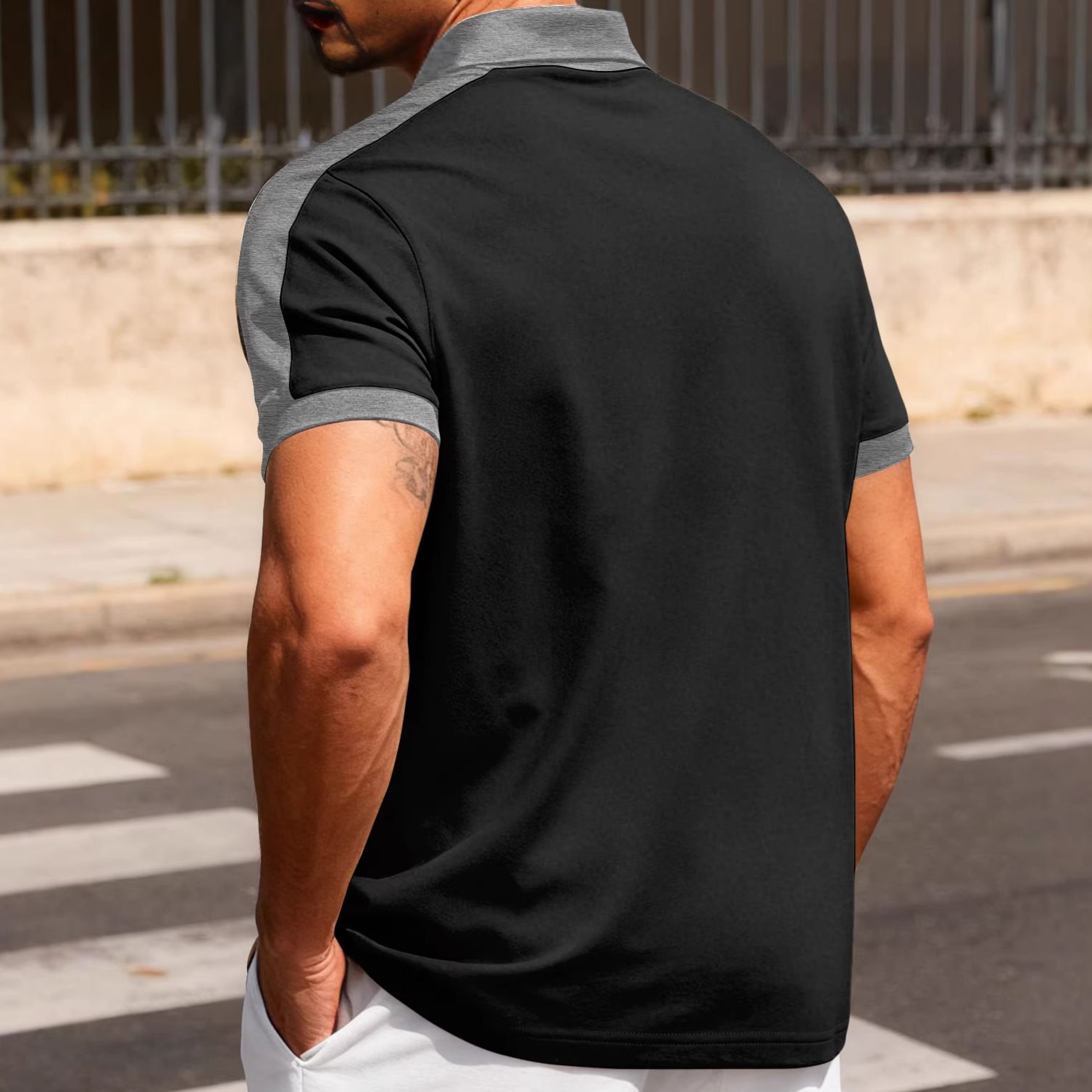 Clothes > Men's Clothing > Tops > T-Shirts  European and American summer casual sports loose color-blocked cotton small twill men's short-sleeved lapel Polo shirt