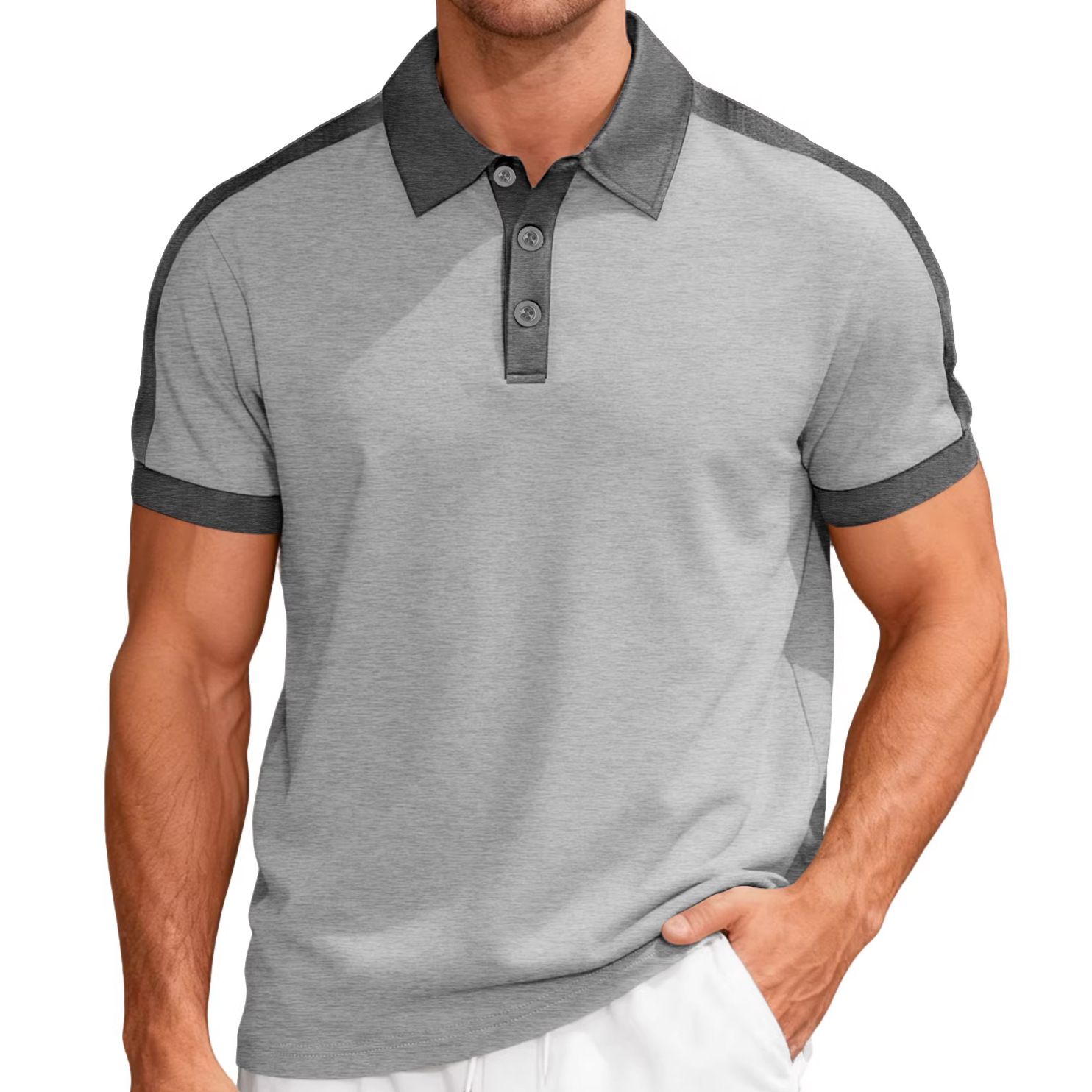 Clothes > Men's Clothing > Tops > T-Shirts  European and American summer casual sports loose color-blocked cotton small twill men's short-sleeved lapel Polo shirt
