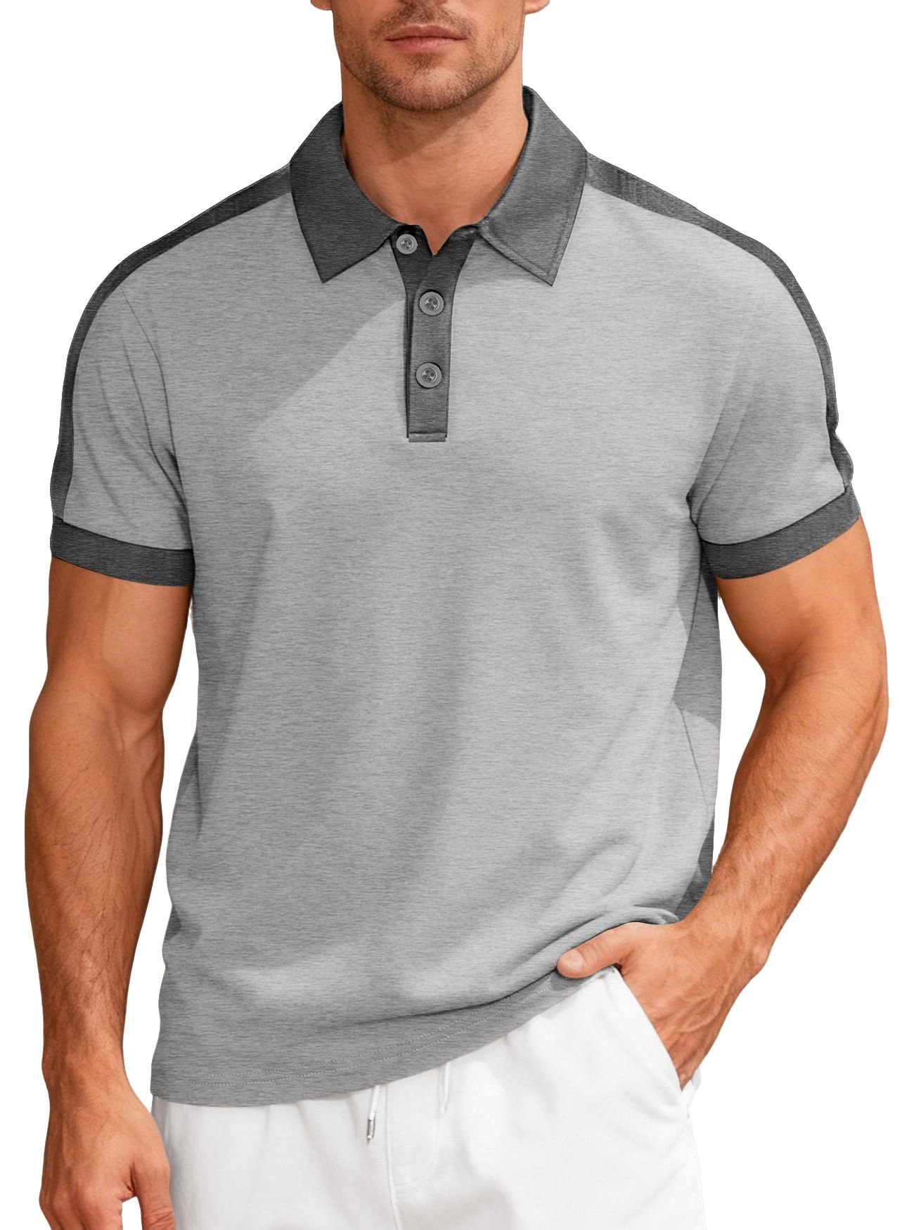 Clothes > Men's Clothing > Tops > T-Shirts  European and American summer casual sports loose color-blocked cotton small twill men's short-sleeved lapel Polo shirt