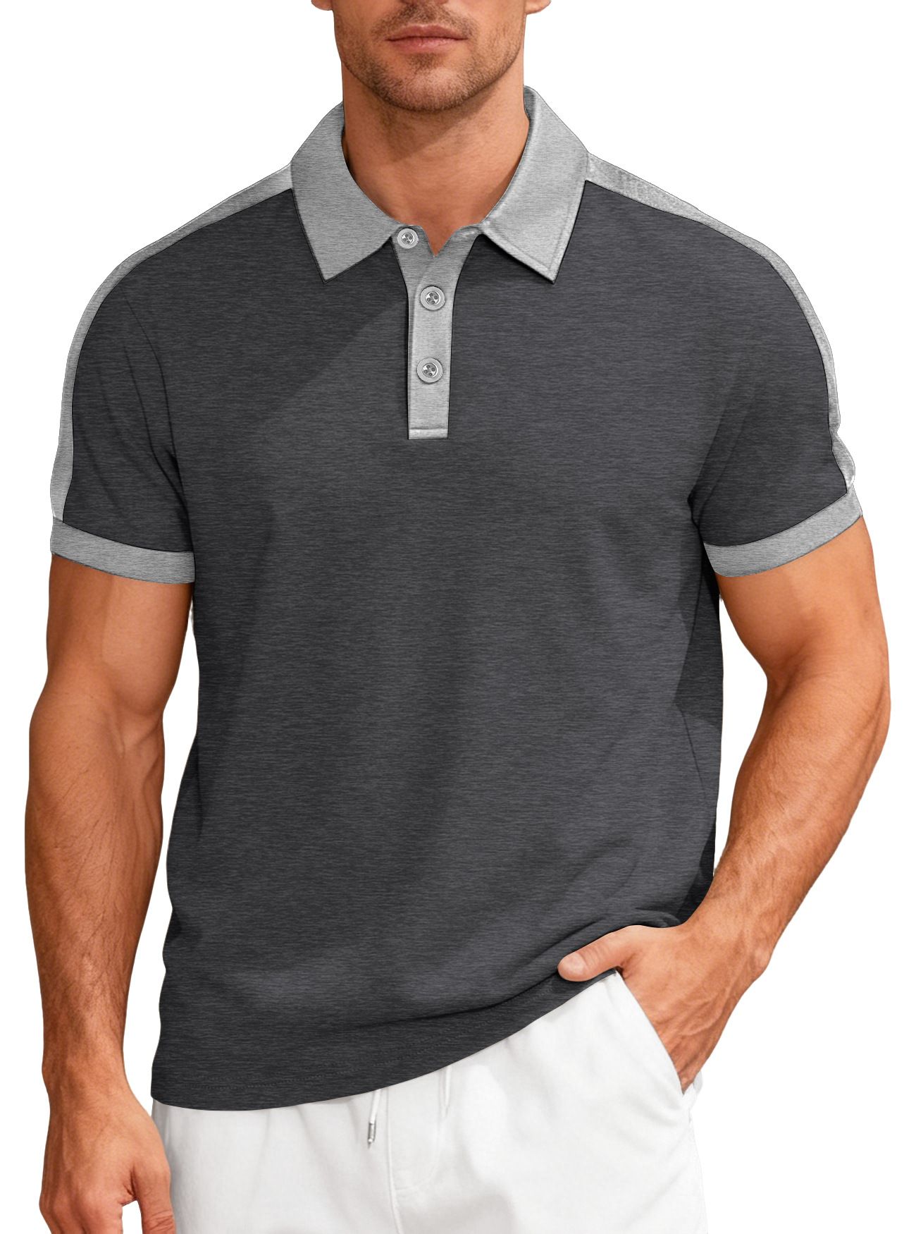 Clothes > Men's Clothing > Tops > T-Shirts  European and American summer casual sports loose color-blocked cotton small twill men's short-sleeved lapel Polo shirt