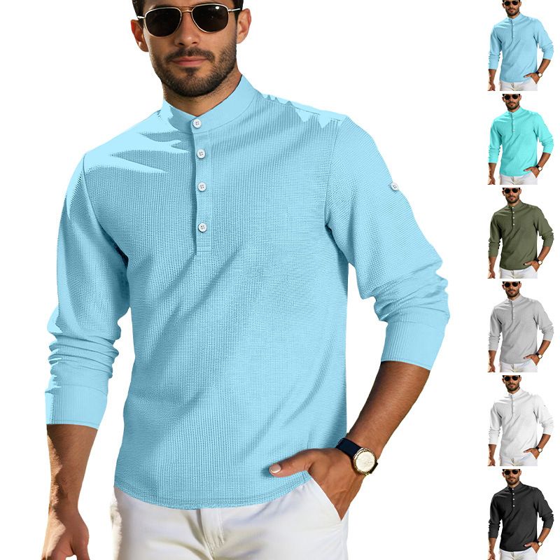 Clothes > Men's Clothing > Tops > Shirts Summer men's mid-sleeve polo shirt waffle casual business loose stand-up collar button polo suit
