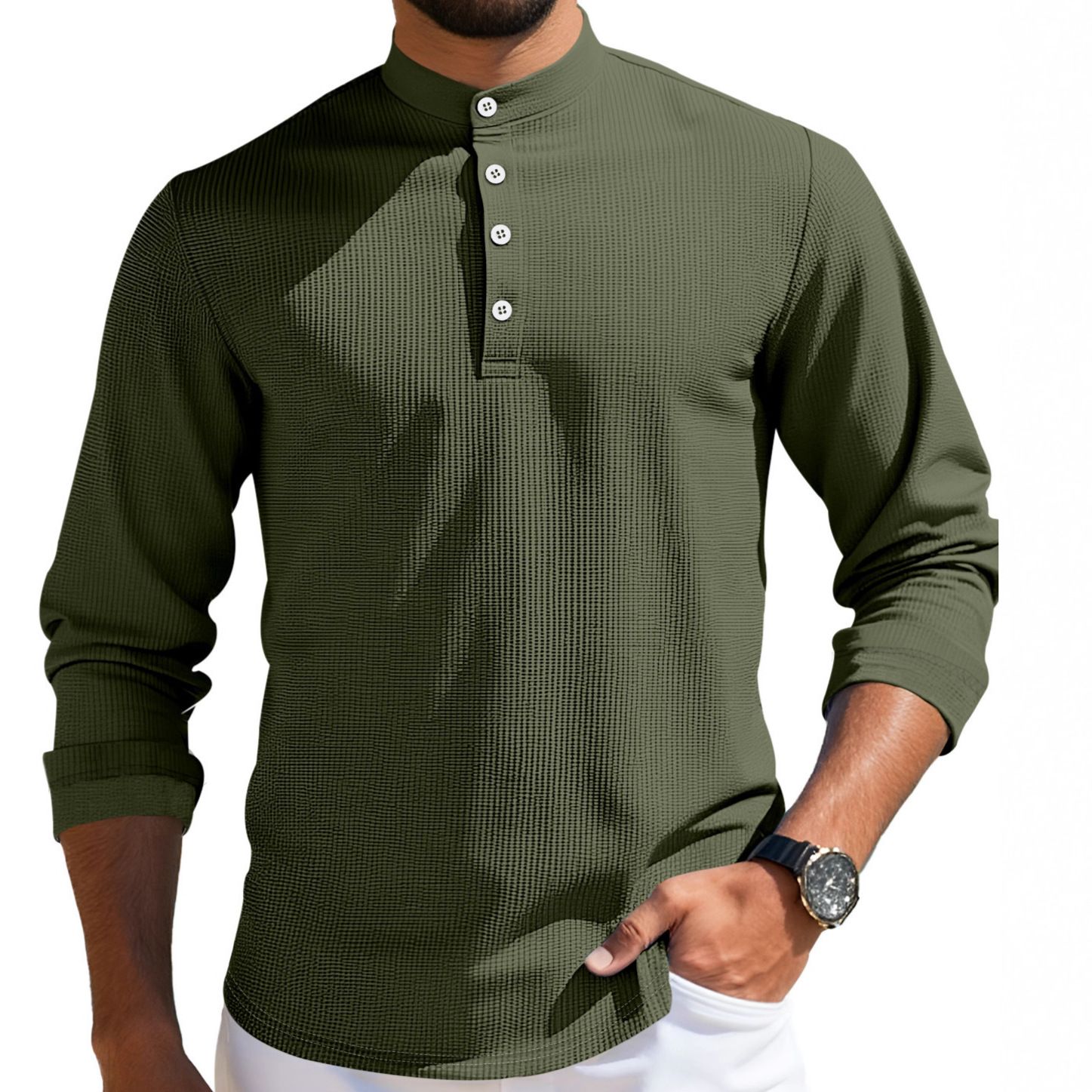 Clothes > Men's Clothing > Tops > Shirts Summer men's mid-sleeve polo shirt waffle casual business loose stand-up collar button polo suit