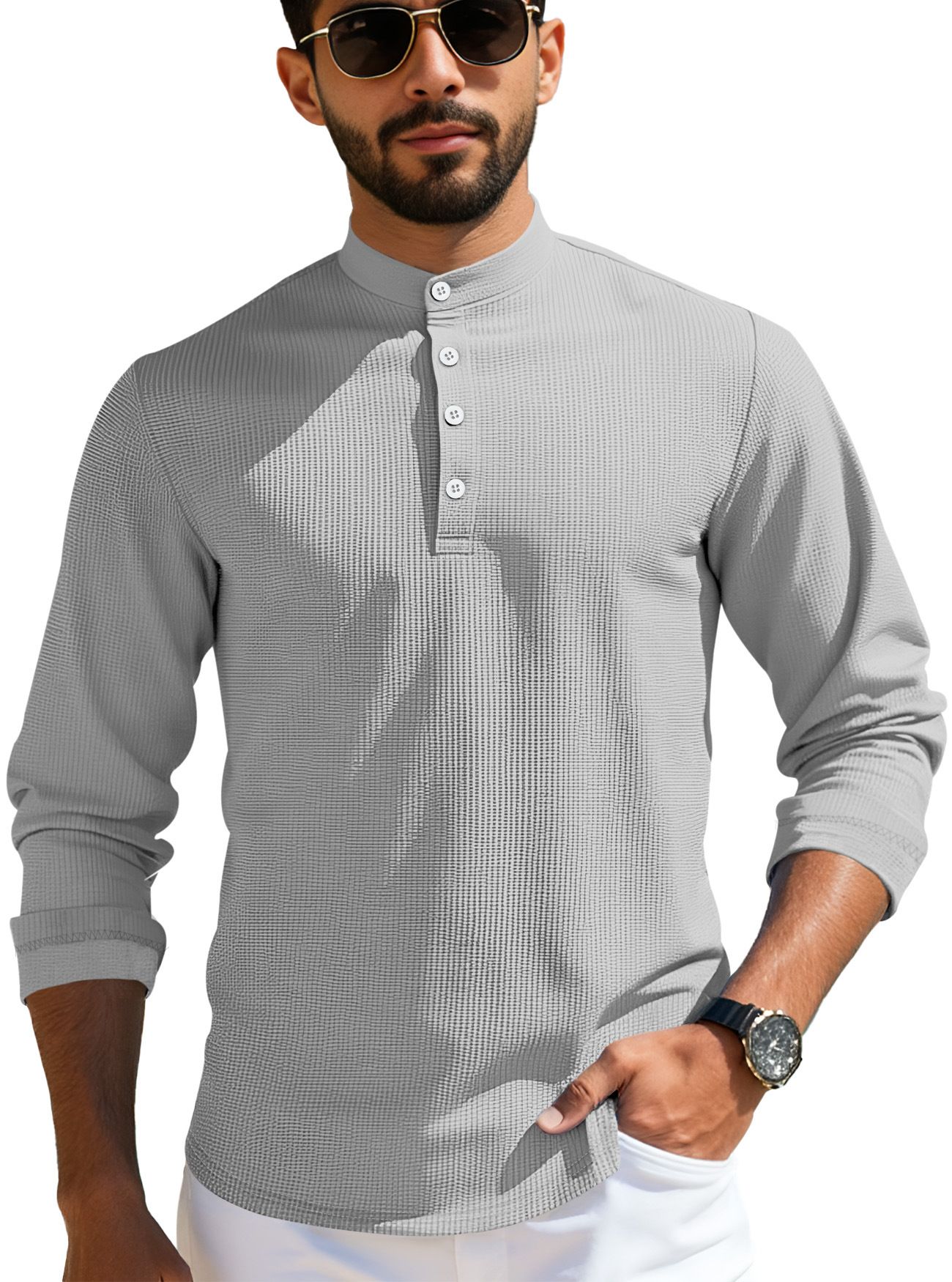 Clothes > Men's Clothing > Tops > Shirts Summer men's mid-sleeve polo shirt waffle casual business loose stand-up collar button polo suit