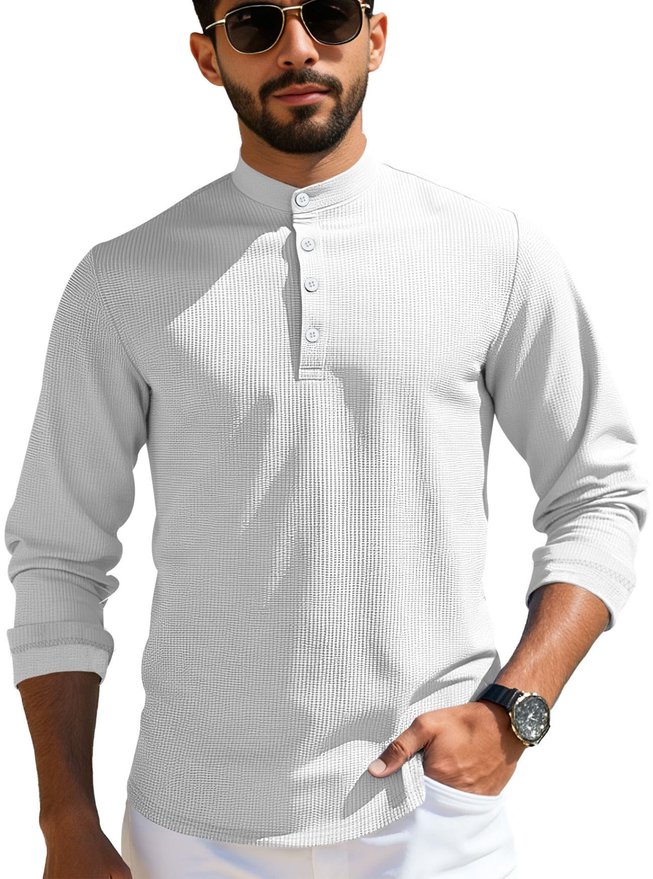 Clothes > Men's Clothing > Tops > Shirts Summer men's mid-sleeve polo shirt waffle casual business loose stand-up collar button polo suit