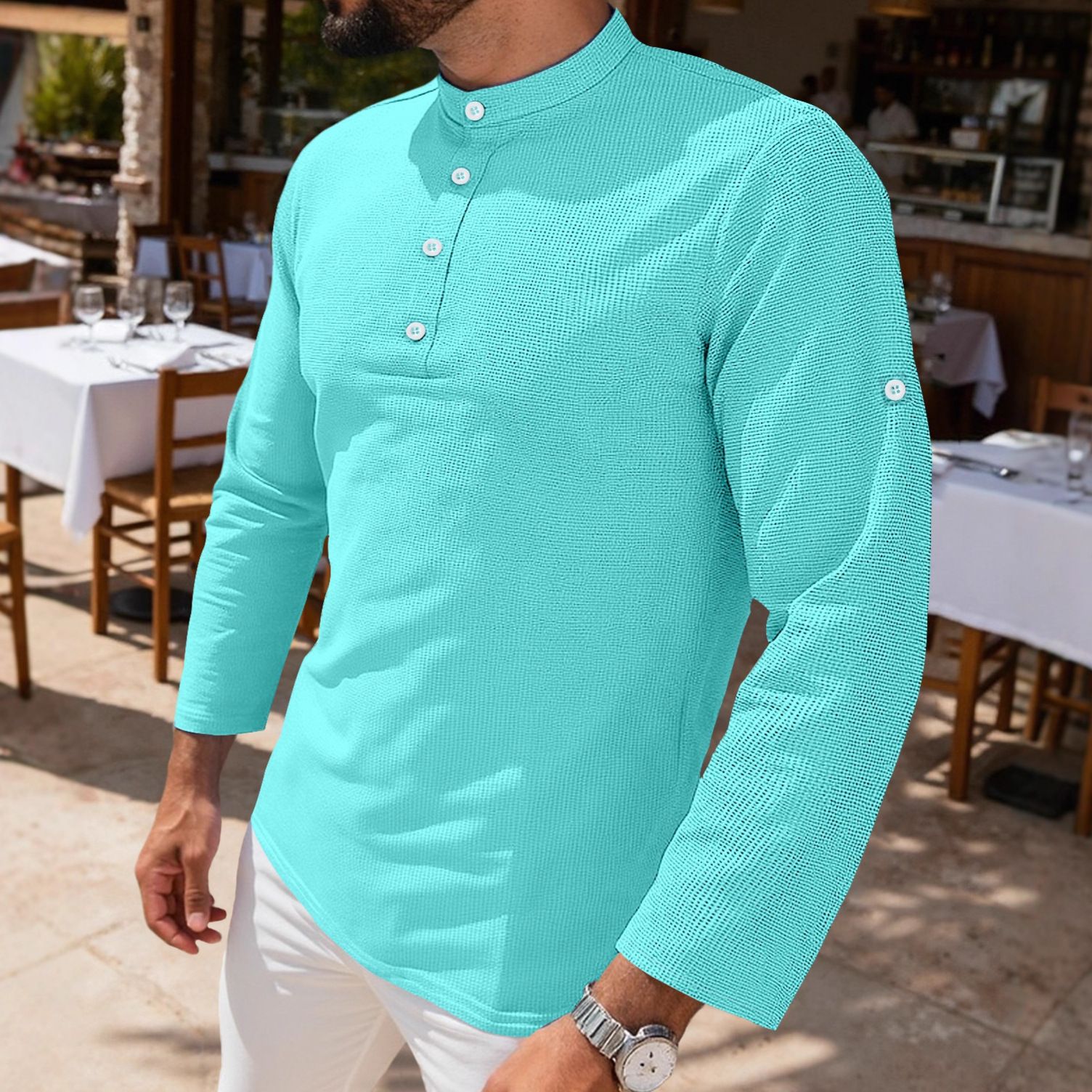 Clothes > Men's Clothing > Tops > Shirts Summer men's mid-sleeve polo shirt waffle casual business loose stand-up collar button polo suit