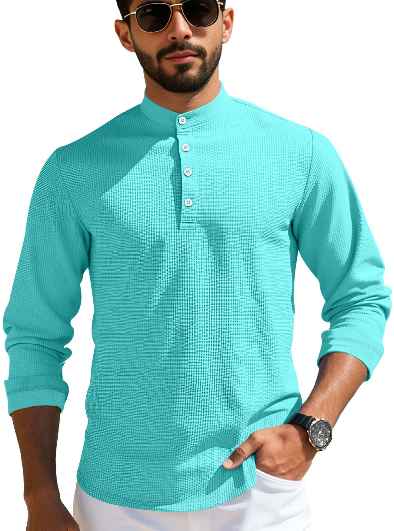 Clothes > Men's Clothing > Tops > Shirts Summer men's mid-sleeve polo shirt waffle casual business loose stand-up collar button polo suit