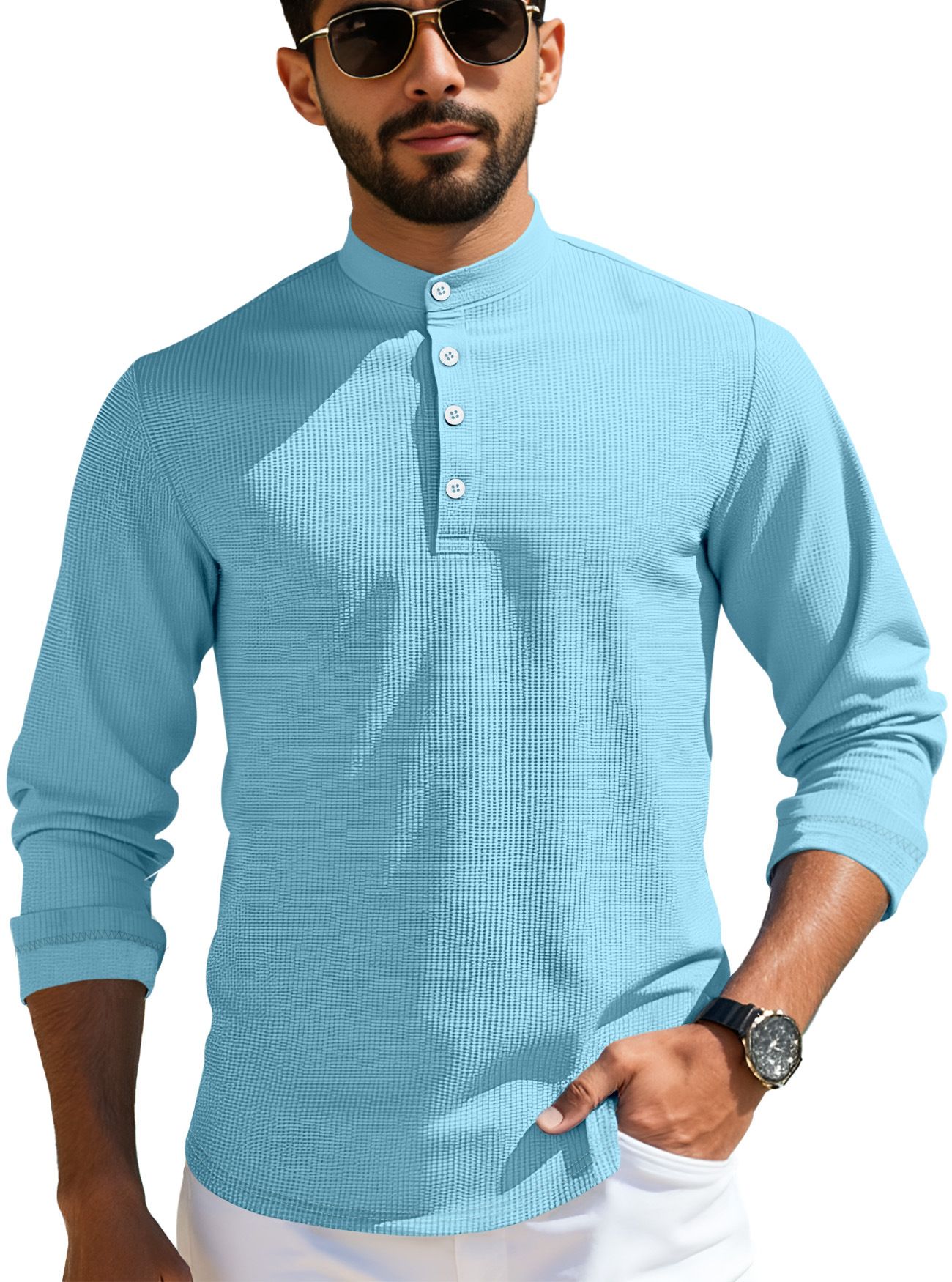 Clothes > Men's Clothing > Tops > Shirts Summer men's mid-sleeve polo shirt waffle casual business loose stand-up collar button polo suit