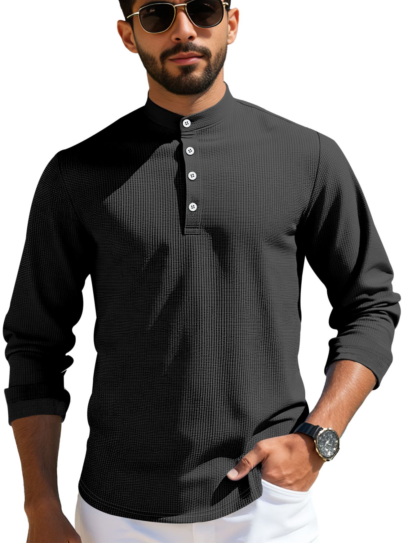 Clothes > Men's Clothing > Tops > Shirts Summer men's mid-sleeve polo shirt waffle casual business loose stand-up collar button polo suit