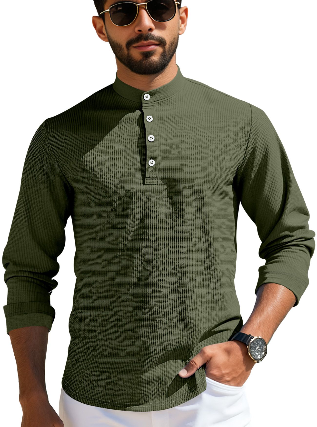 Clothes > Men's Clothing > Tops > Shirts Summer men's mid-sleeve polo shirt waffle casual business loose stand-up collar button polo suit