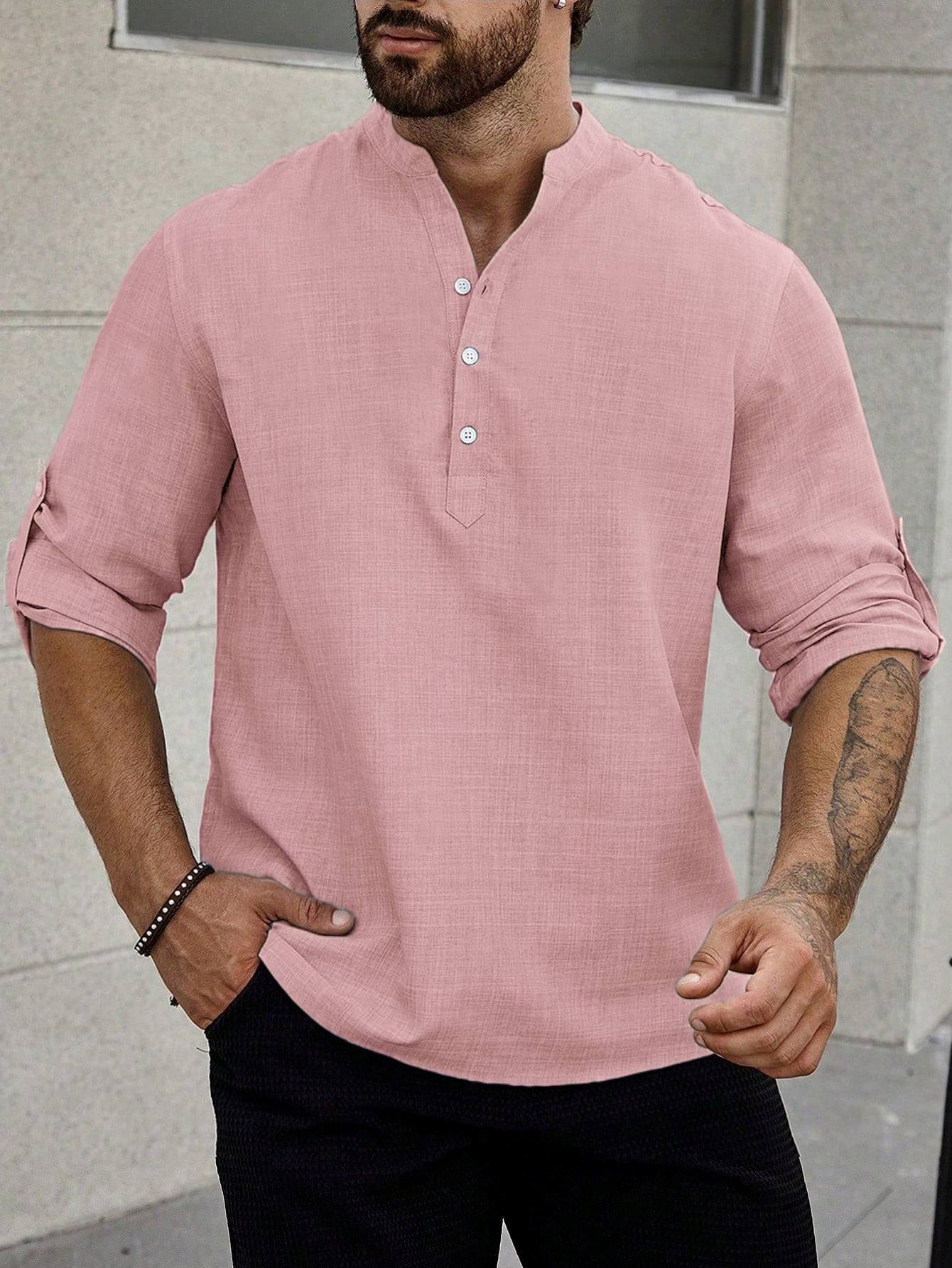 Clothes > Men's Clothing > Tops > Shirts  European and American men's henley collar casual large size top imitation linen loose stand-up collar long-sleeved shirt
