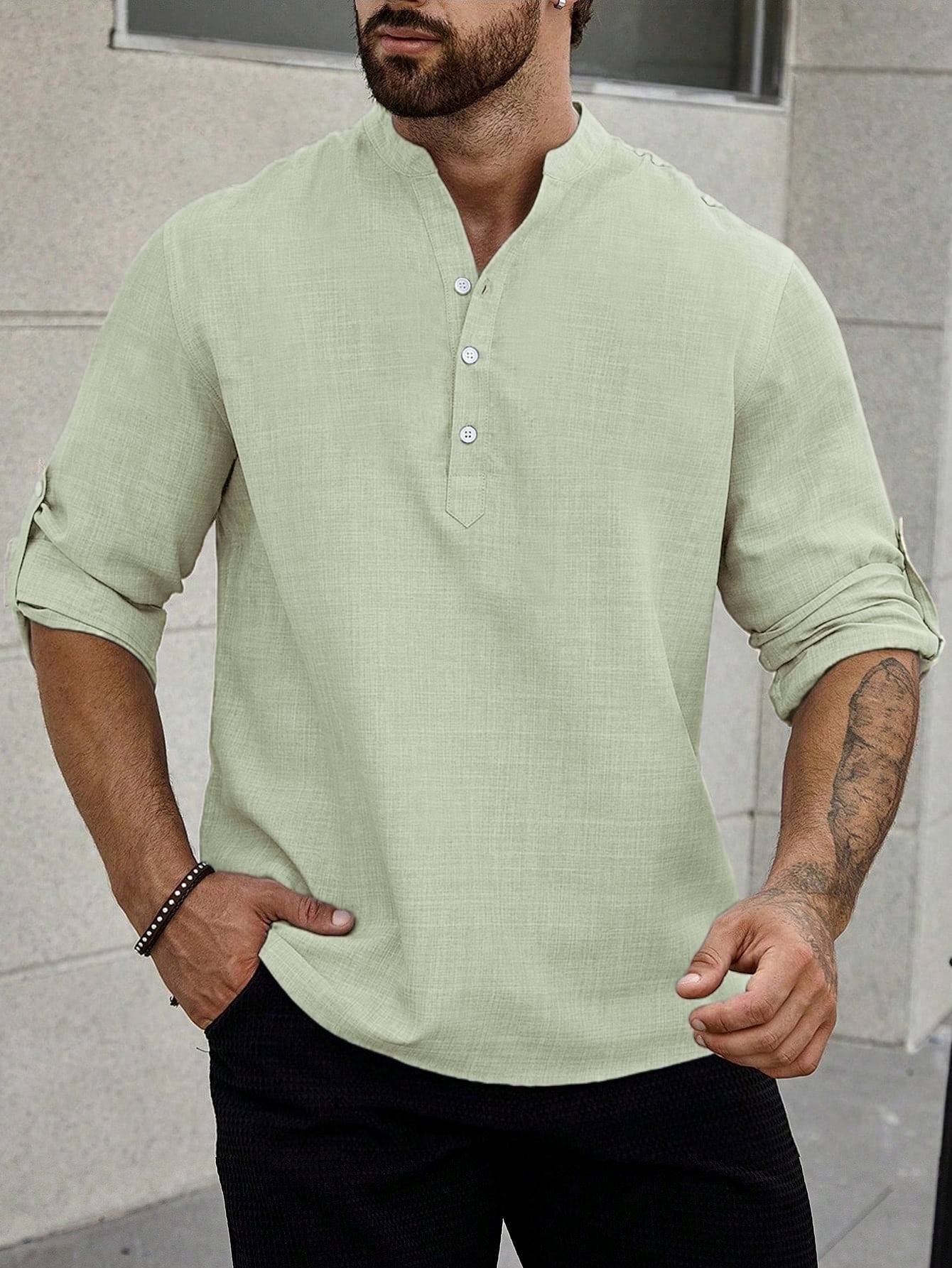 Clothes > Men's Clothing > Tops > Shirts  European and American men's henley collar casual large size top imitation linen loose stand-up collar long-sleeved shirt