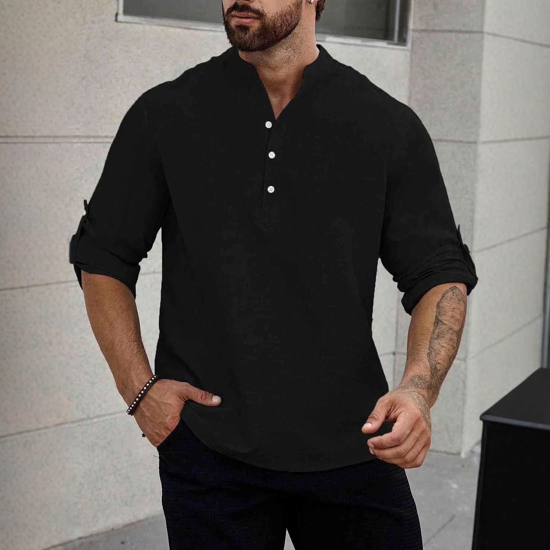 Clothes > Men's Clothing > Tops > Shirts  European and American men's henley collar casual large size top imitation linen loose stand-up collar long-sleeved shirt