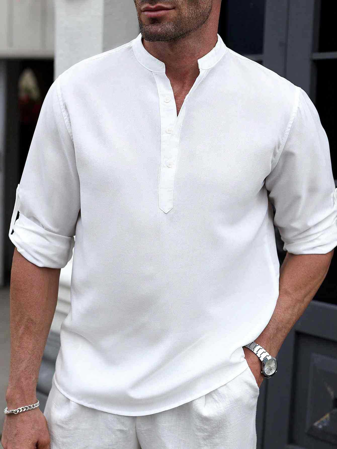 Clothes > Men's Clothing > Tops > Shirts  European and American men's henley collar casual large size top imitation linen loose stand-up collar long-sleeved shirt