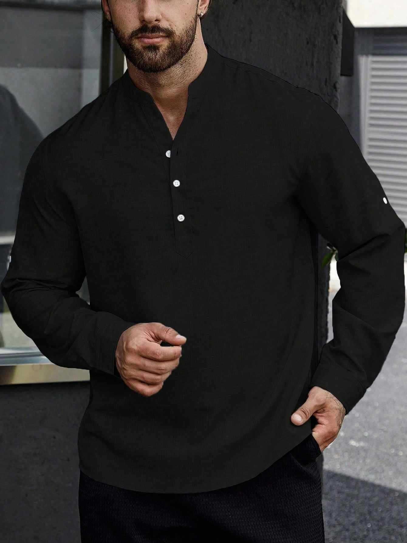 Clothes > Men's Clothing > Tops > Shirts  European and American men's henley collar casual large size top imitation linen loose stand-up collar long-sleeved shirt