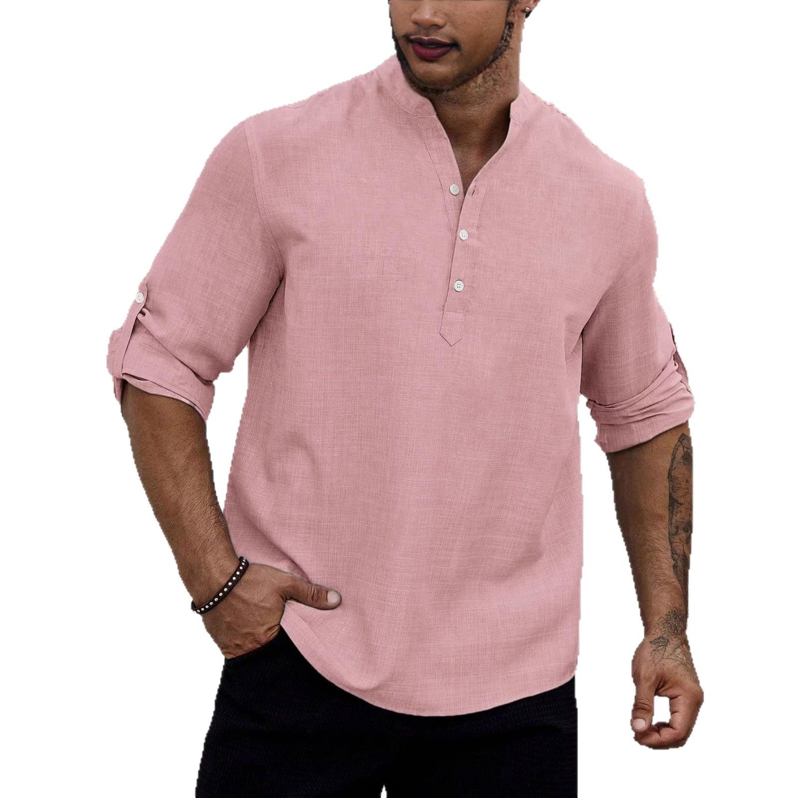 Clothes > Men's Clothing > Tops > Shirts  European and American men's henley collar casual large size top imitation linen loose stand-up collar long-sleeved shirt