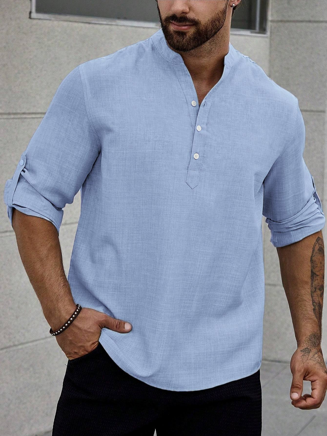 Clothes > Men's Clothing > Tops > Shirts  European and American men's henley collar casual large size top imitation linen loose stand-up collar long-sleeved shirt