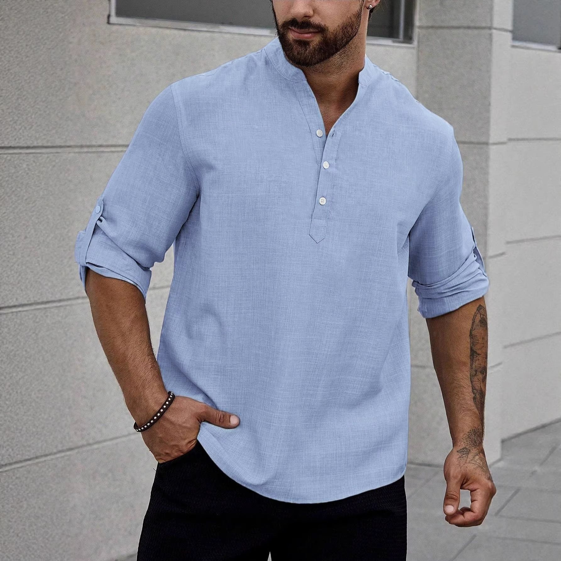 Clothes > Men's Clothing > Tops > Shirts  European and American men's henley collar casual large size top imitation linen loose stand-up collar long-sleeved shirt