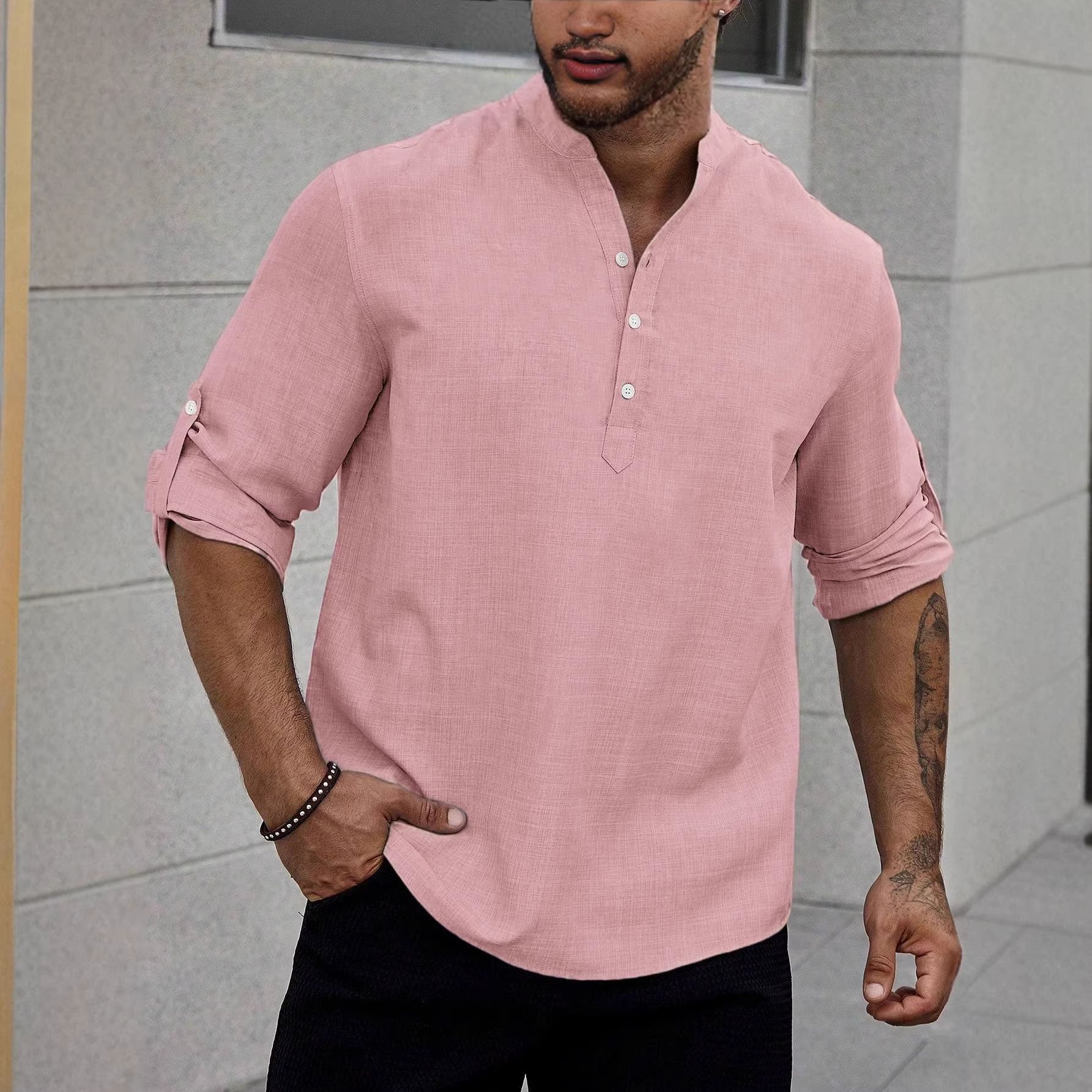 Clothes > Men's Clothing > Tops > Shirts  European and American men's henley collar casual large size top imitation linen loose stand-up collar long-sleeved shirt