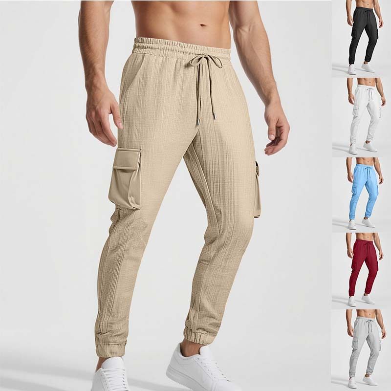 Clothes > Men's Clothing > Bottoms > Pants > Casual  New European and American fashion overalls, sports casual, personalized trendy drawstring multi-pocket trousers for men