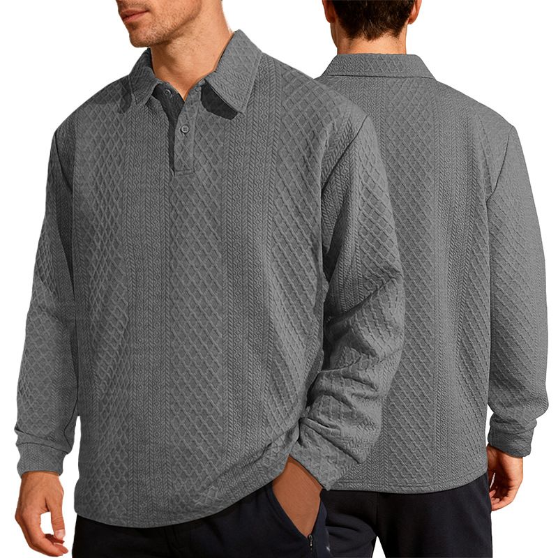 Clothes > Men's Clothing > Tops > Shirts  European and American men's jacquard solid color buttons casual lapel long-sleeved loose polo shirt sweatshirt for men