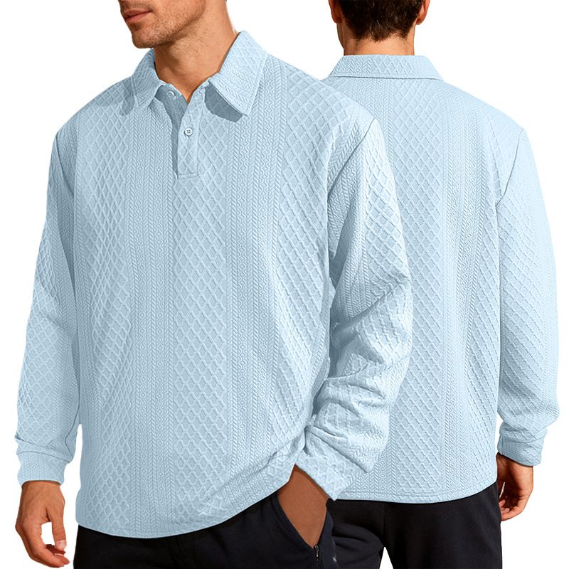 Clothes > Men's Clothing > Tops > Shirts  European and American men's jacquard solid color buttons casual lapel long-sleeved loose polo shirt sweatshirt for men