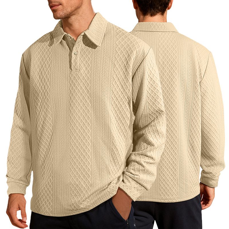 Clothes > Men's Clothing > Tops > Shirts  European and American men's jacquard solid color buttons casual lapel long-sleeved loose polo shirt sweatshirt for men
