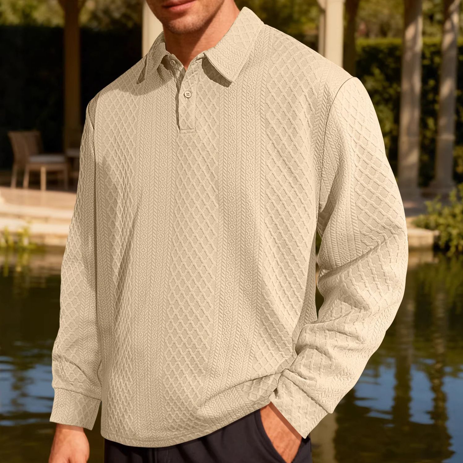 Clothes > Men's Clothing > Tops > Shirts  European and American men's jacquard solid color buttons casual lapel long-sleeved loose polo shirt sweatshirt for men