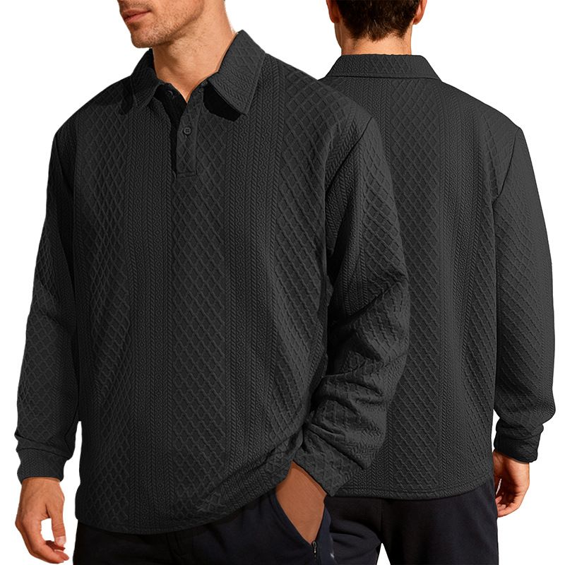 Clothes > Men's Clothing > Tops > Shirts  European and American men's jacquard solid color buttons casual lapel long-sleeved loose polo shirt sweatshirt for men