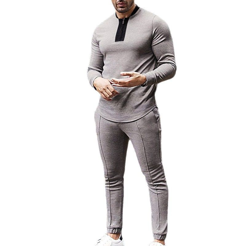 Clothes > Men's Clothing > Clothing Sets > Two-Piece Outfits European and American spring and autumn men's two-piece waffle round neck long-sleeved shirt and trousers casual sports zipper suit for men