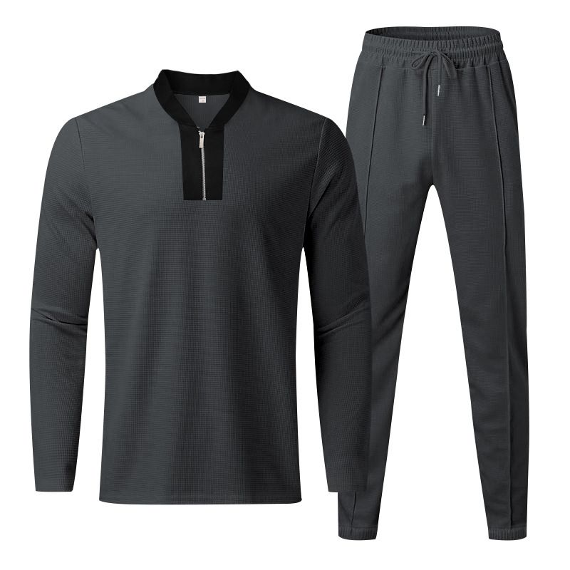 Clothes > Men's Clothing > Clothing Sets > Two-Piece Outfits European and American spring and autumn men's two-piece waffle round neck long-sleeved shirt and trousers casual sports zipper suit for men