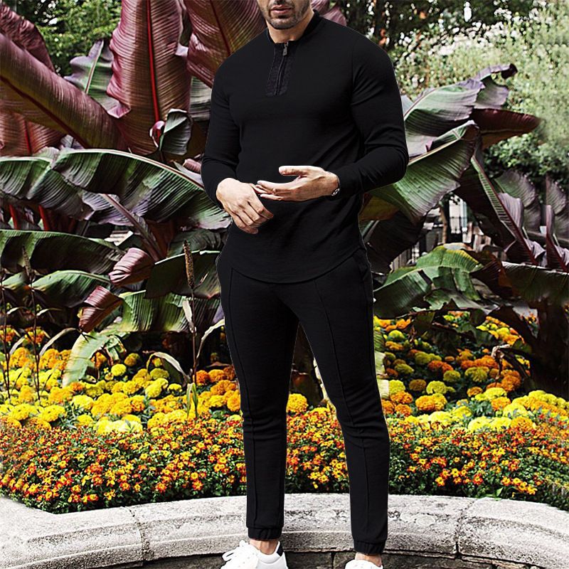 Clothes > Men's Clothing > Clothing Sets > Two-Piece Outfits European and American spring and autumn men's two-piece waffle round neck long-sleeved shirt and trousers casual sports zipper suit for men