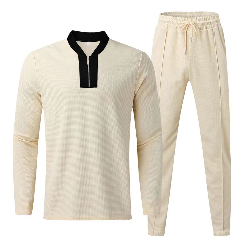Clothes > Men's Clothing > Clothing Sets > Two-Piece Outfits European and American spring and autumn men's two-piece waffle round neck long-sleeved shirt and trousers casual sports zipper suit for men