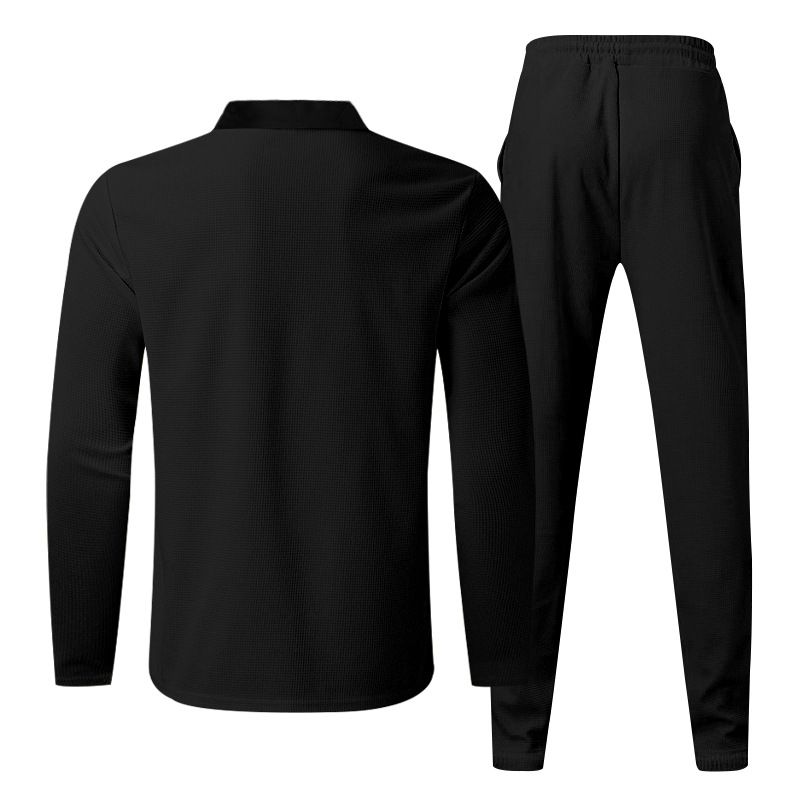 Clothes > Men's Clothing > Clothing Sets > Two-Piece Outfits European and American spring and autumn men's two-piece waffle round neck long-sleeved shirt and trousers casual sports zipper suit for men