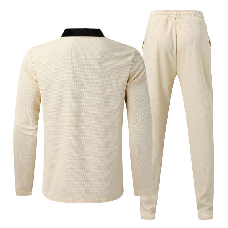 Clothes > Men's Clothing > Clothing Sets > Two-Piece Outfits European and American spring and autumn men's two-piece waffle round neck long-sleeved shirt and trousers casual sports zipper suit for men