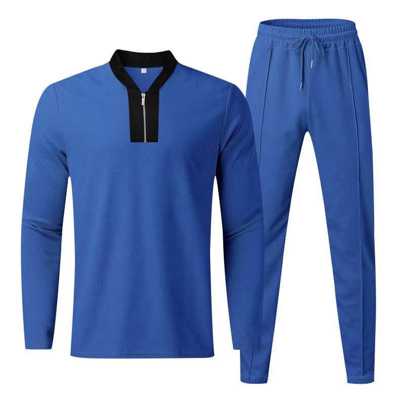 Clothes > Men's Clothing > Clothing Sets > Two-Piece Outfits European and American spring and autumn men's two-piece waffle round neck long-sleeved shirt and trousers casual sports zipper suit for men