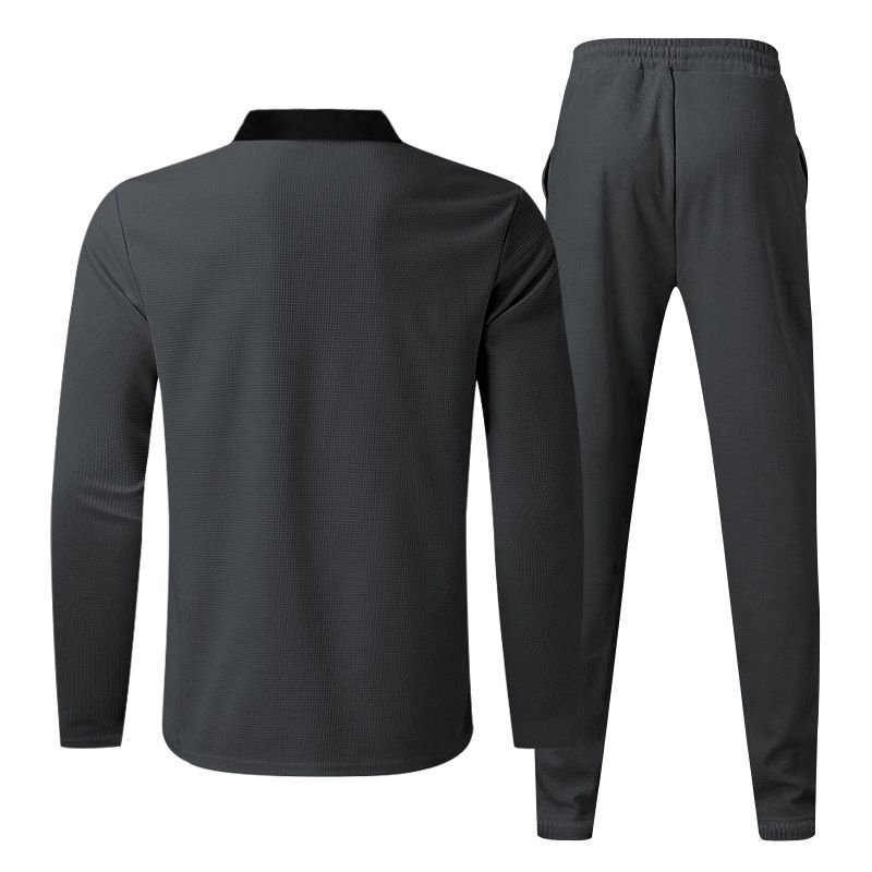Clothes > Men's Clothing > Clothing Sets > Two-Piece Outfits European and American spring and autumn men's two-piece waffle round neck long-sleeved shirt and trousers casual sports zipper suit for men