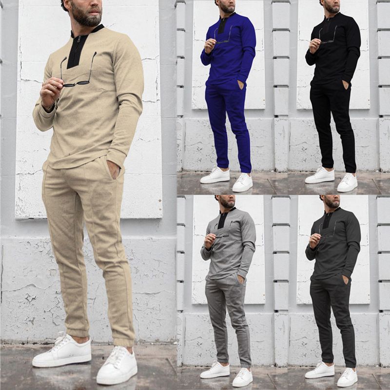Clothes > Men's Clothing > Clothing Sets > Two-Piece Outfits European and American spring and autumn men's two-piece waffle round neck long-sleeved shirt and trousers casual sports zipper suit for men