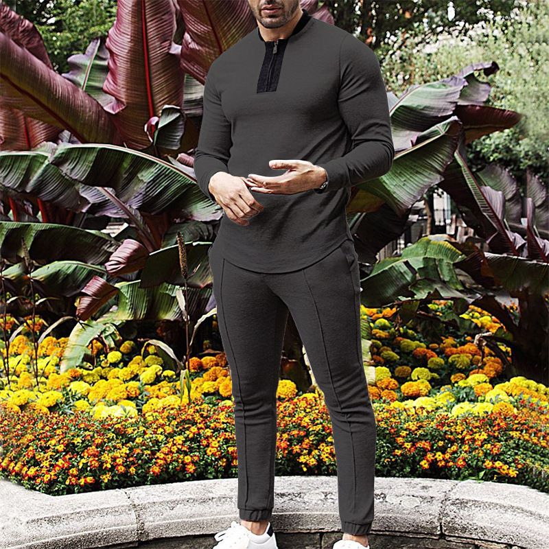 Clothes > Men's Clothing > Clothing Sets > Two-Piece Outfits European and American spring and autumn men's two-piece waffle round neck long-sleeved shirt and trousers casual sports zipper suit for men